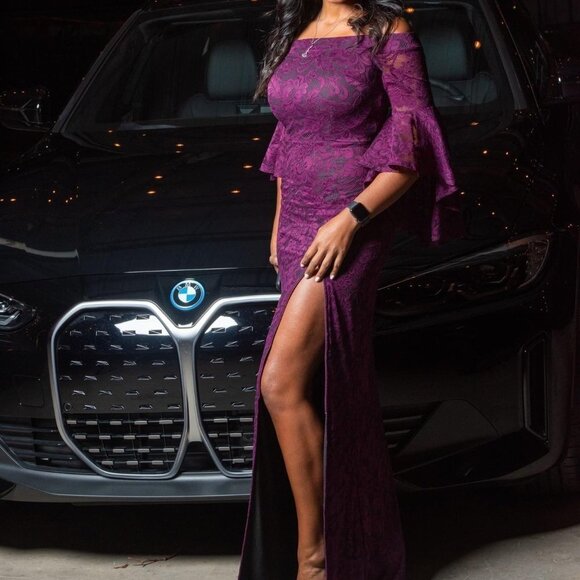 Purple Lace Off Shoulder Ruffle Bell Sleeve Formal Dress Sz XS - Picture 3 of 7